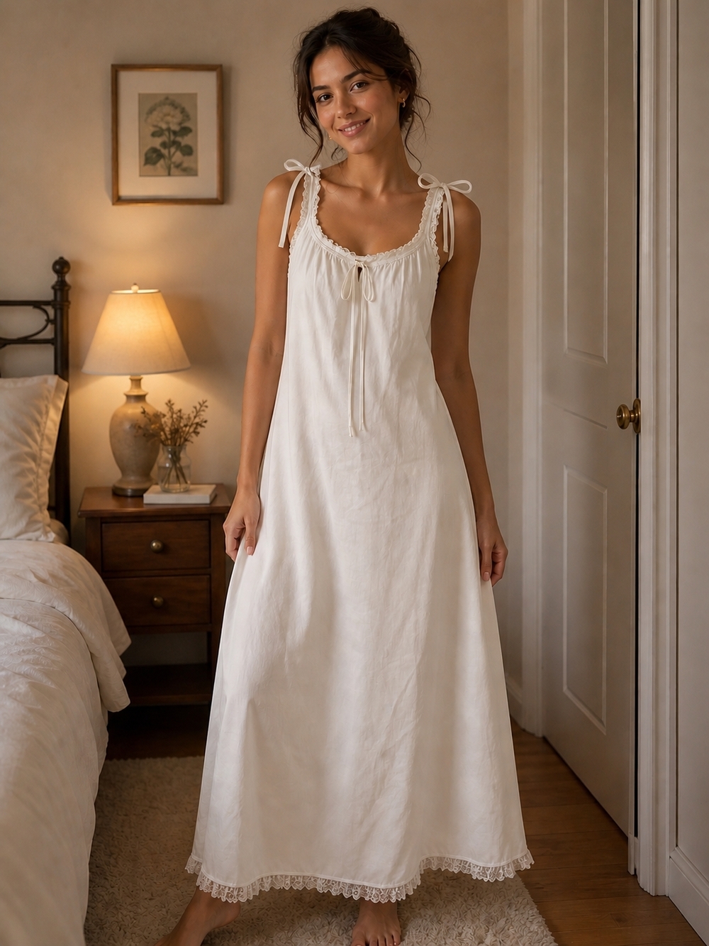 Victorian / Edwardian Custom Made Women's Cream Lace-Trim Nightgown Medium 6/8